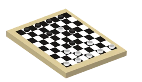 Isometric illustration of a checkers board with black and white pieces, representing the classic strategy board game for players of all ages.